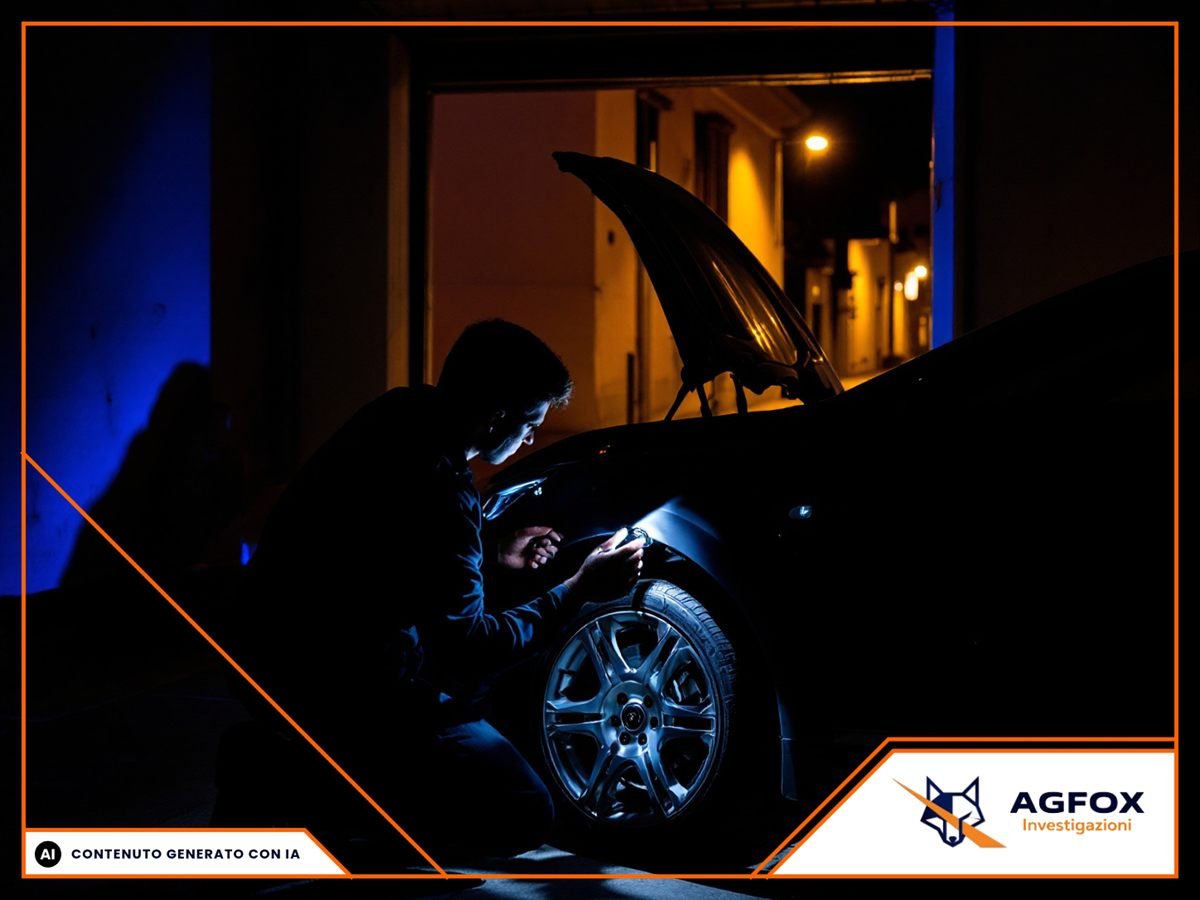Ispezione del sottoscocca di un'automobile alla ricerca di un localizzatore GPS in un'officina pugliese